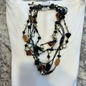 Lia Sophia Costume Jewelry 6 Strand Necklace Beaded Chain 18” Black Brown White